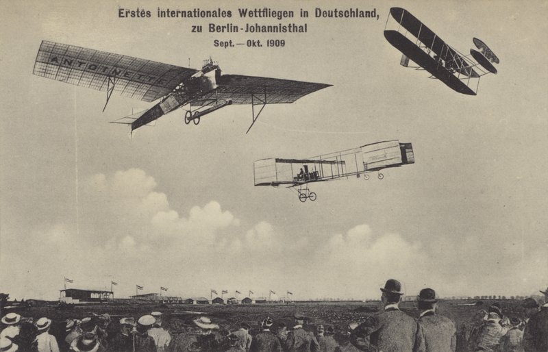 Ensimmäinen kansainvälinen lentokilpailutapaaminen Saksassa, Berliner Flugwoche, Berliini-Johannisthal, syys-lokakuu 1909 (m/v kuva) tekijältä Photographer German