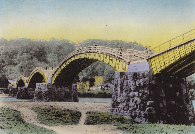 Japani, n. 1912: Kintaikyo, valaistu "Bridge of Damask Girdle", merkitty Japanissa, Suwon maakunnassa (kuva) tekijältä Photographer Japanese