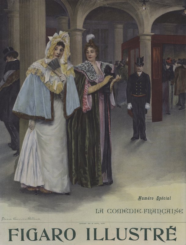 Un Jour dabonnement a la Comedie-Francaise (Tilauspäivä Comedie-Francaisessa). Le Figaro Illustre -lehden kansi, kesäkuu 1897. tekijältä Pierre Carrier Belleuse