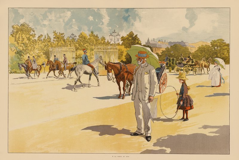 Bois de Boulognen portilla, Pariisi (värilitografia). tekijältä Pierre Georges Jeanniot