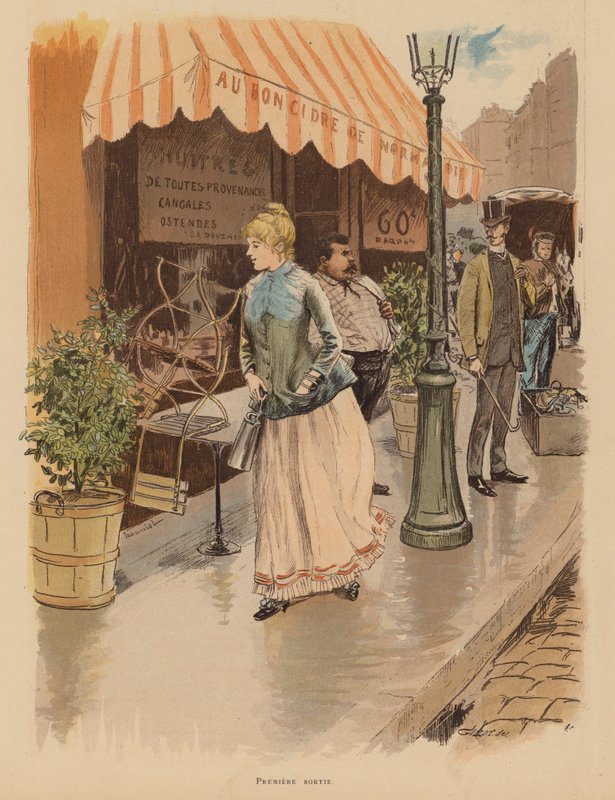 Ensimmäinen retki ulos Pariisin aamuna (värilitografia) tekijältä Pierre Georges Jeanniot