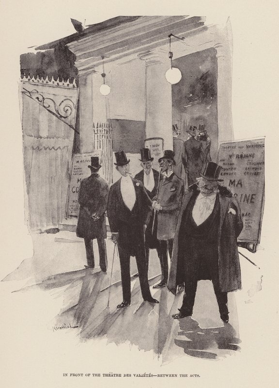 Theatre des Varietes -teatterin edessä, näytösten välissä (kaiverrus). tekijältä Pierre Georges Jeanniot
