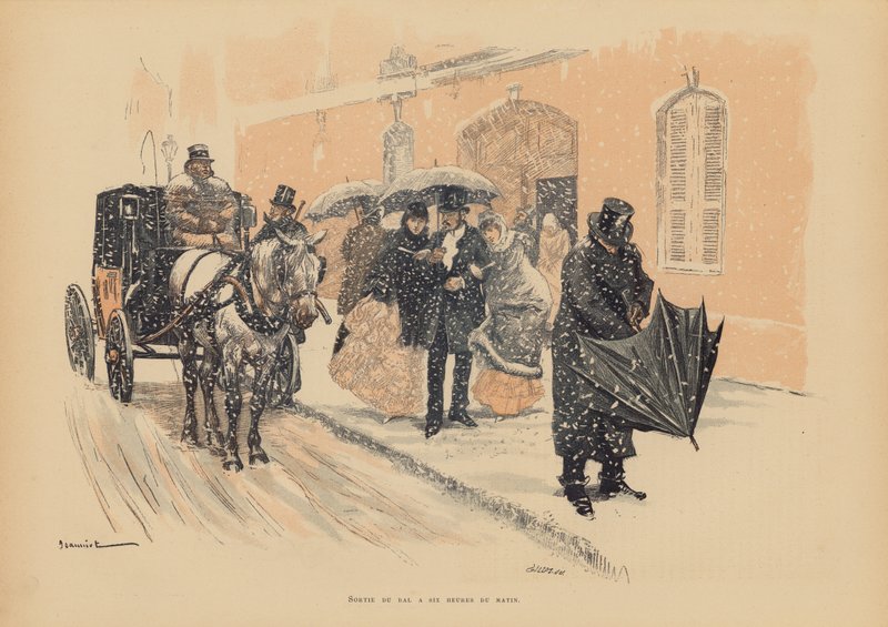Pariisilaiset lähtevät tanssiaisista kuudelta aamulla (värilitografia). tekijältä Pierre Georges Jeanniot