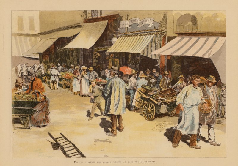 Marchandes de quatre saisons Rue du Faubourg Saint-Denis -kadulla, Pariisi (värilitro). tekijältä Pierre Georges Jeanniot