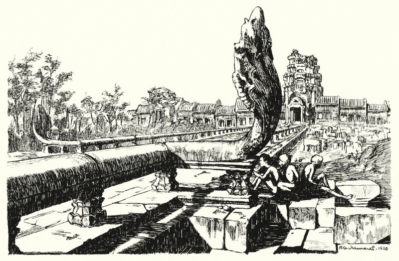 Angkor Vatin puistossa Länsi-Gopuras (kaiverrus) tekijältä Pierre Jeannerat de Beerski