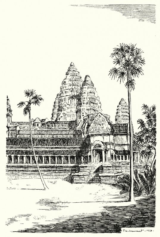 Angkor Vatin tornit (kaiverrus) tekijältä Pierre Jeannerat de Beerski