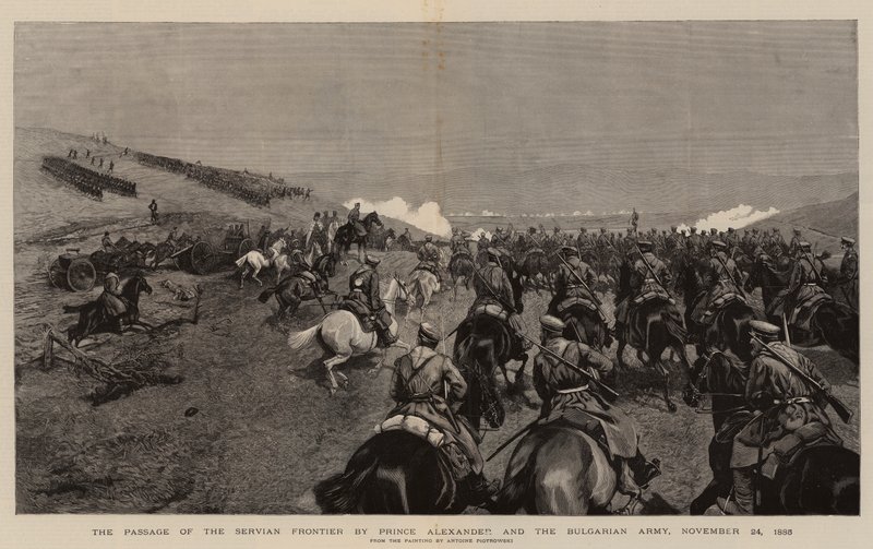 Prinssi Alexanderin ja Bulgarian armeijan Servian rajan läpikulku, 24. marraskuuta 1885 (kaiverrus) tekijältä Polish School