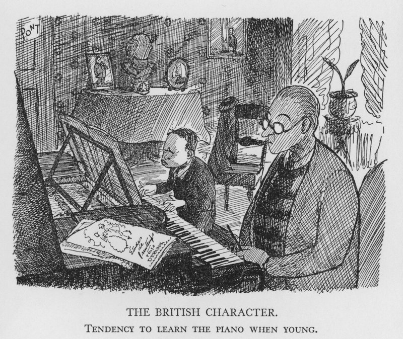 Brittihahmo, taipumus oppia pianonsoittoa nuorena (litho) tekijältä Pont