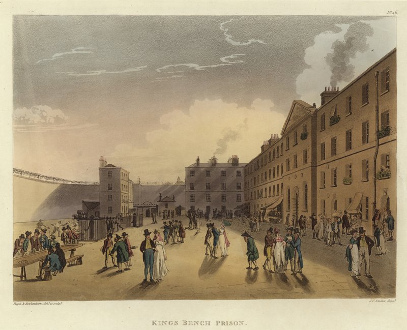 Kings Benchin vankila tekijältä Pugin and Rowlandson