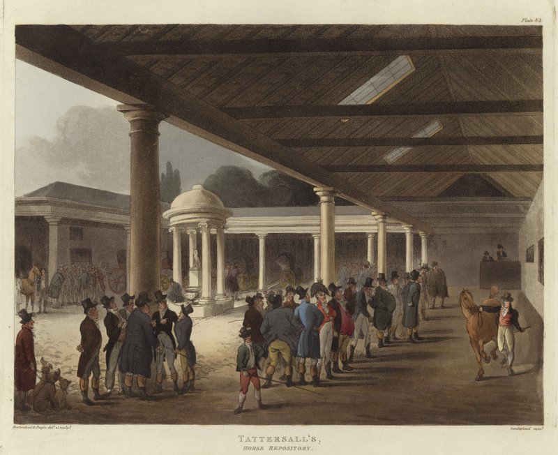 Tattersallin hevosvarasto tekijältä Pugin and Rowlandson