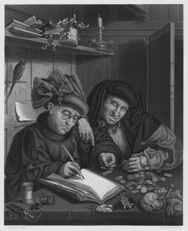 The Misers, kuvasta Royal Collection (kaiverrus) tekijältä Quentin (after) Massys or Metsys