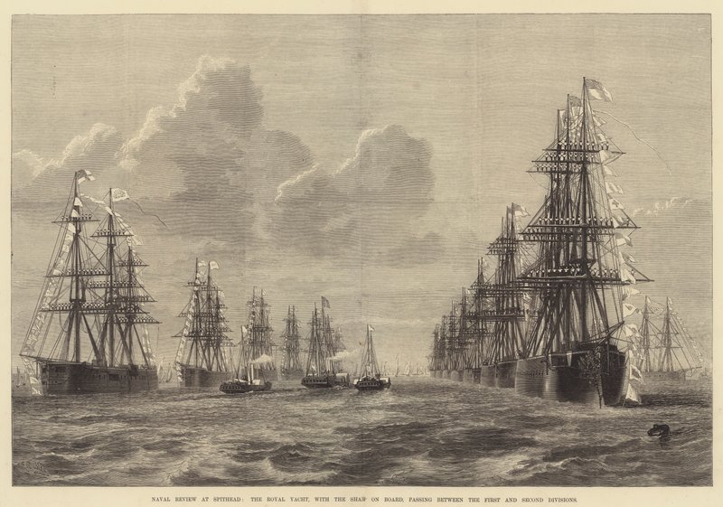 Naval Review at Spithead, Royal Yacht, Shah aluksella, kulkemassa ensimmäisen ja toisen divisioonan välillä tekijältä R. Dudley