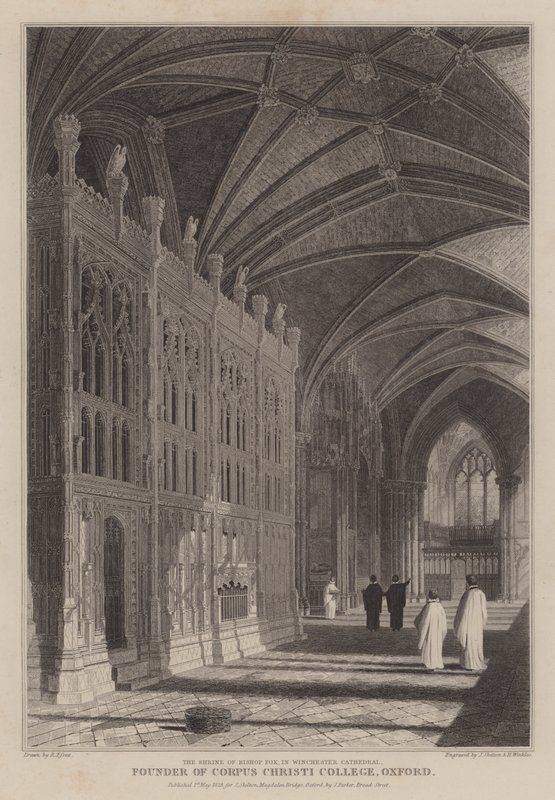 Oxfordin Corpus Christi Collegen perustajan piispa Foxen pyhäkkö Winchesterin katedraalissa (kaiverrus) tekijältä R. (after) Essex