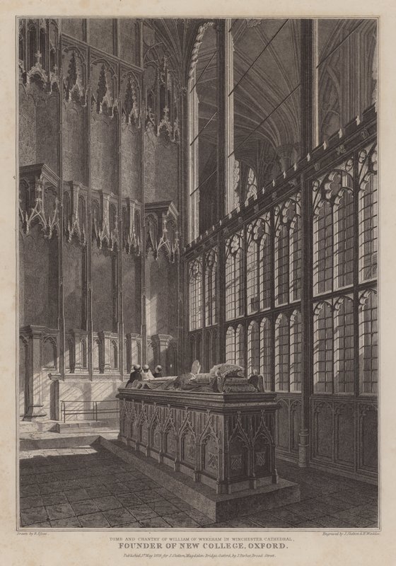 Oxfordin New Collegen perustajan William of Wykehamin hauta ja kanslia Winchesterin katedraalissa (kaiverrus) tekijältä R. (after) Essex