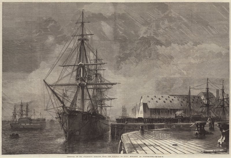 Mr Peabodyn jäänteiden siirtäminen rautateiltä HMS Monarchille Portsmouthiin tekijältä R. Dudley