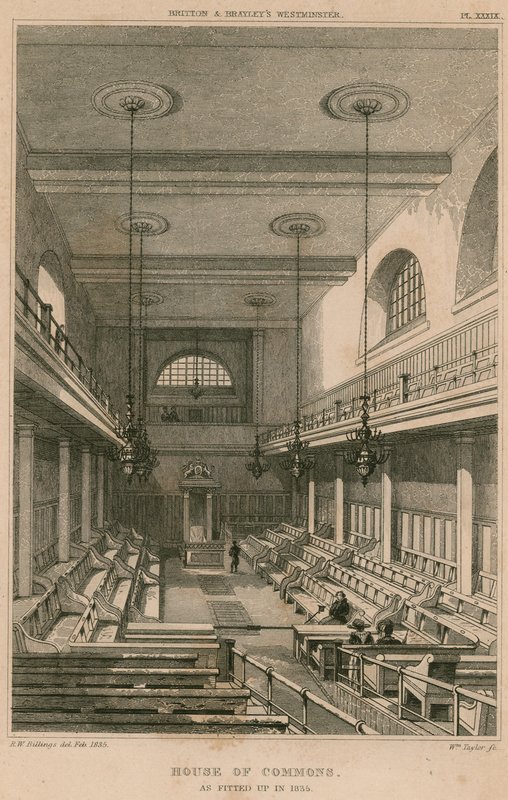 House of Commons, Westminster, Lontoo, asennettuna vuonna 1835 tekijältä R. W. Billings