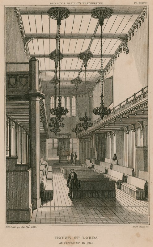 House of Lords, Westminster, Lontoo, asennettuna vuonna 1835 tekijältä R. W. Billings