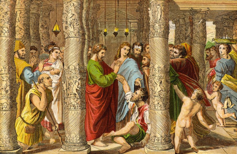Pietari ja Johannes parantavat impotentin miehen (chromolitho) tekijältä Raffaello Sanzio Raphael