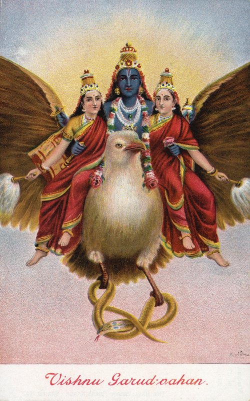 Hindujumala Vishnu ratsastaa ajoneuvollaan Garudalla tekijältä Raja Ravi Varma