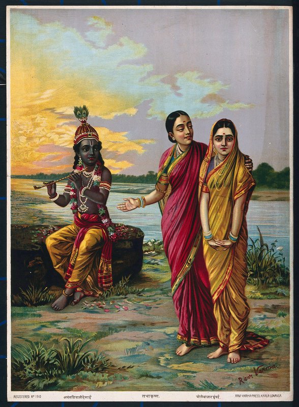 Krishna julisti rakkauttaan Radhalle uskotun kautta, vuoden 1900 jälkeen (väri litho) tekijältä Raja Ravi Varma
