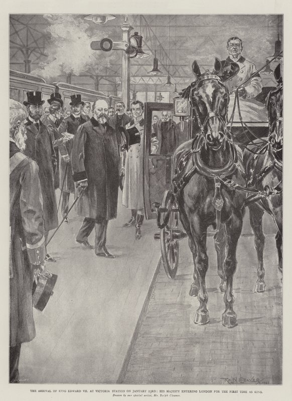 Kuningas Edward VII:n saapuminen Victorian asemalle 23. tammikuuta Hänen Majesteettinsa saapuessa Lontooseen ensimmäistä kertaa kuninkaana tekijältä Ralph Cleaver