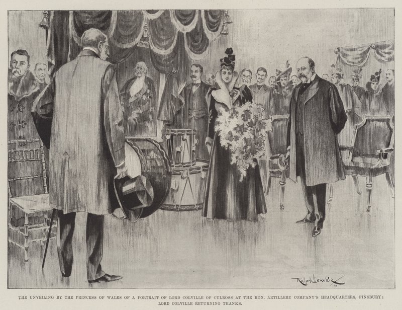 Walesin prinsessa paljastaa lordi Colville of Culrossin muotokuvan Honorable Artillery Companyn päämajassa Finsburyssa, lordi Colville kiittää tekijältä Ralph Cleaver