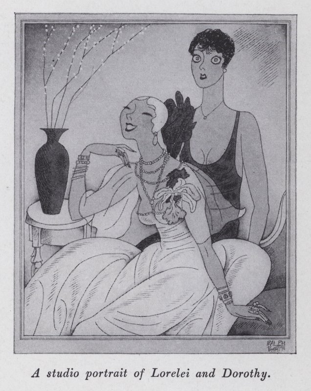 Kuvitus Anita Loosin (litho) kappaleeseen "Mutta herrat naimisiin brunettien kanssa" tekijältä Ralph Barton