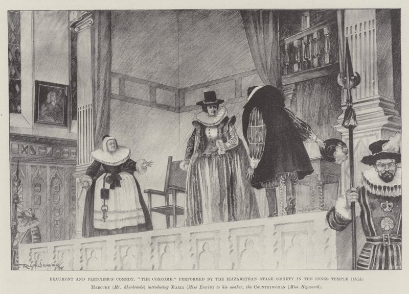 Beaumontin ja Fletcherin komedia, The Coxcomb, Elizabethan Stage Societyn esittämä Inner Temple Hallissa tekijältä Ralph Cleaver