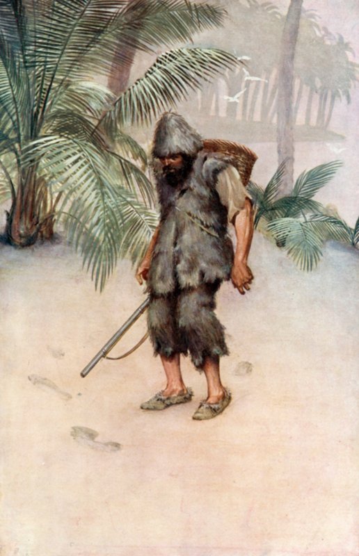 Kuvitus Robinson Crusoelle Daniel Defoe (väri litho) tekijältä Ralph Noel Pocock