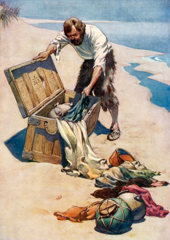 Kuvitus Robinson Crusoelle Daniel Defoe (väri litho) tekijältä Ralph Noel Pocock