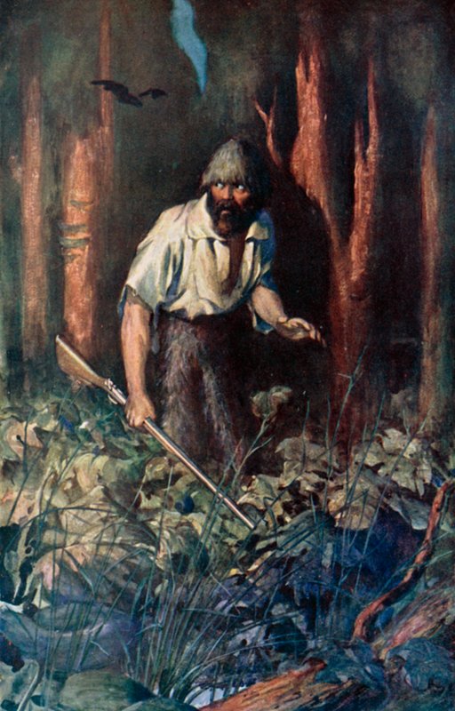 Kuvitus Robinson Crusoelle Daniel Defoe (väri litho) tekijältä Ralph Noel Pocock