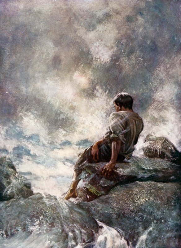 Kuvitus Robinson Crusoelle Daniel Defoe (väri litho) tekijältä Ralph Noel Pocock