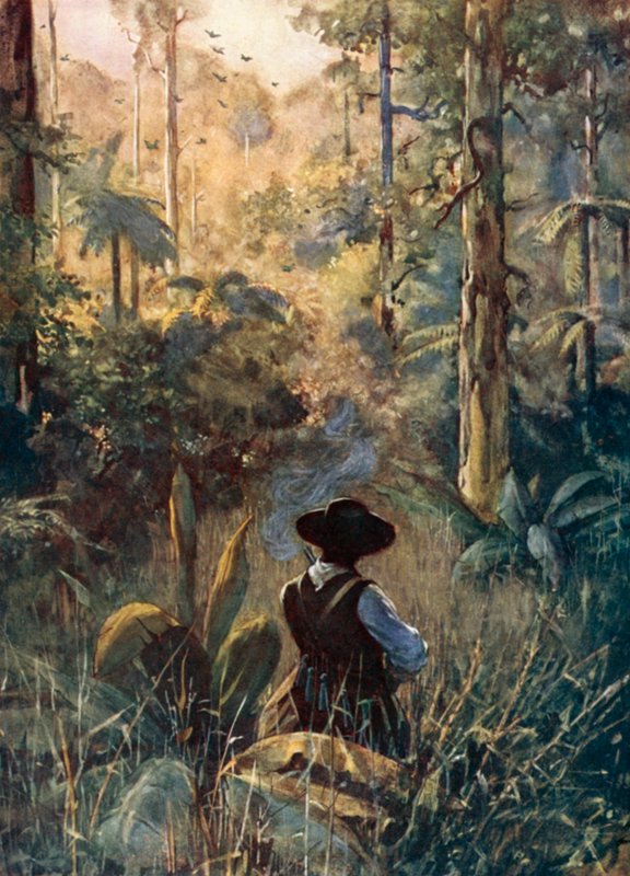 Kuvitus Robinson Crusoelle Daniel Defoe (väri litho) tekijältä Ralph Noel Pocock