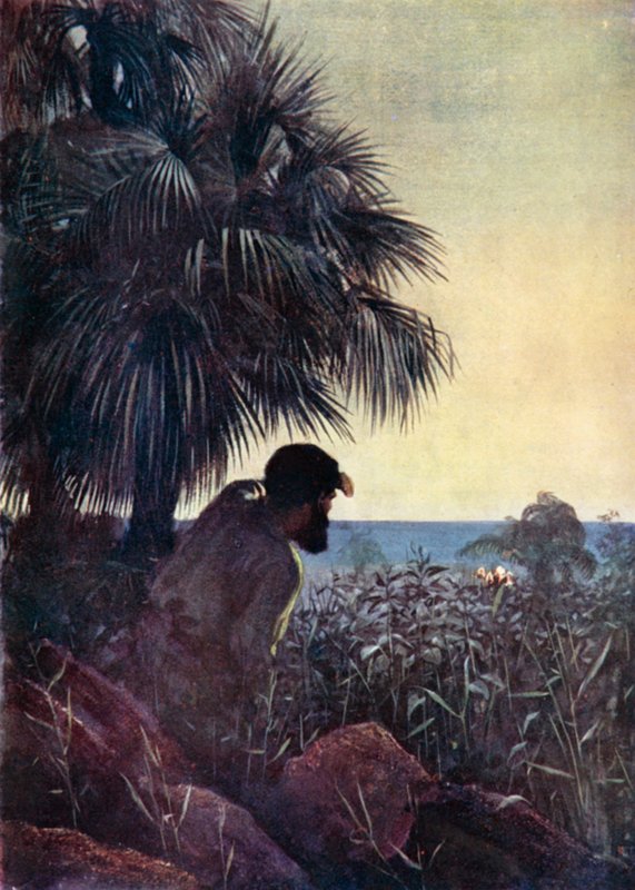 Kuvitus Robinson Crusoelle Daniel Defoe (väri litho) tekijältä Ralph Noel Pocock