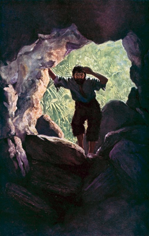 Kuvitus Robinson Crusoelle Daniel Defoe (väri litho) tekijältä Ralph Noel Pocock