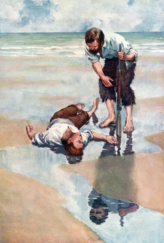 Kuvitus Robinson Crusoelle Daniel Defoe (väri litho) tekijältä Ralph Noel Pocock
