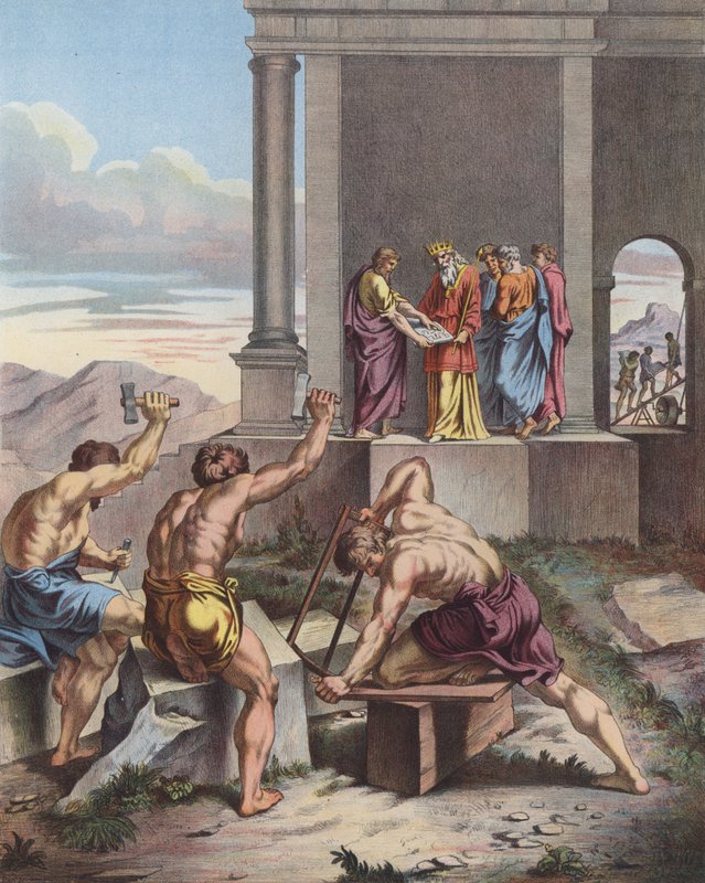 Salomo valvoi Jerusalemin temppelin rakentamista tekijältä Raffaello Sanzio Raphael