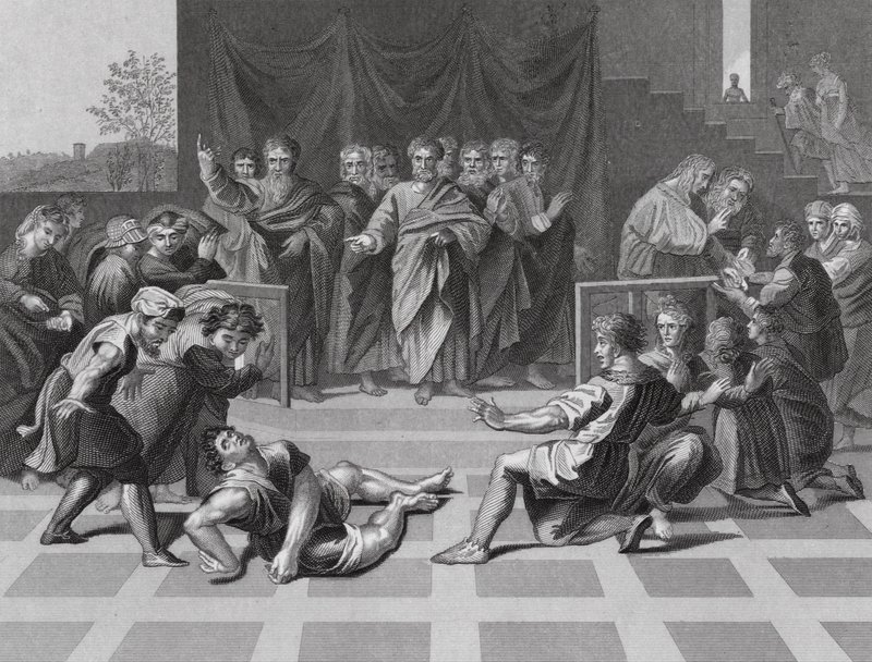 Ananiaksen kuolema (kaiverrus) tekijältä Raphael (1483 1520) (after)
