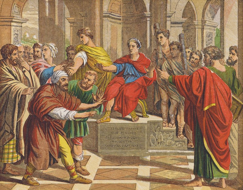 Sokeaksi lyöty velho Elymas Sergius Pauluksen edessä (värilitro) tekijältä Raphael (1483 1520) (after)