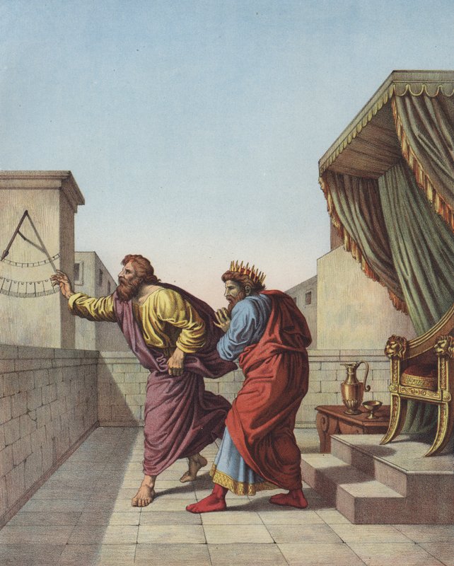 Jesaja ilmoitti Juudan kuninkaalle Hiskialle, että hän elää vielä viisitoista vuotta (väri litho) tekijältä after Raphael