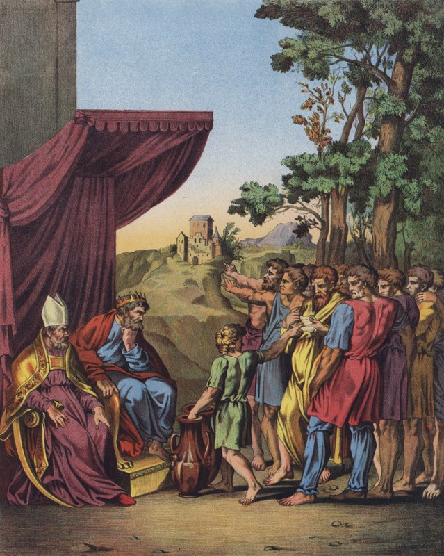 Joosua johtaa Kanaanin maiden jakamista Israelin heimoille (väri litho) tekijältä after Raphael