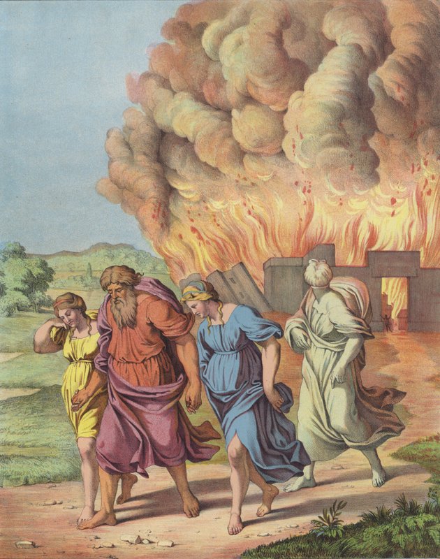 Loot ja hänen perheensä pakenemassa Sodoman tuhoa (väri litho) tekijältä after Raphael
