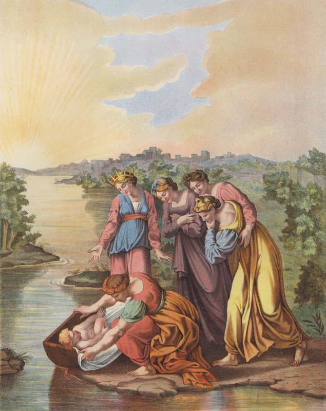 Mooses pelastetaan Niilin vesistä (väri litho) tekijältä after Raphael