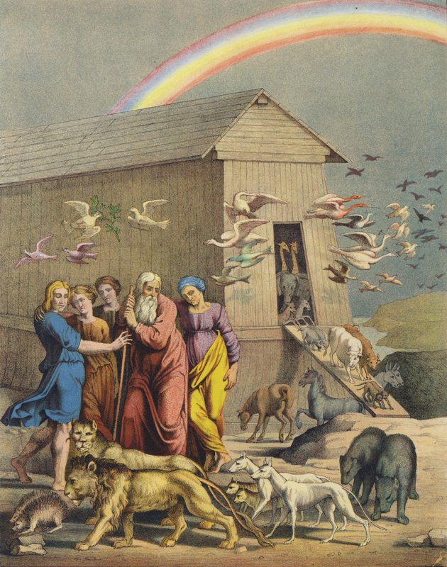 Nooa, hänen perheensä ja eläimet, jotka nousevat arkista selviytyessään tulvasta (väri litho) tekijältä after Raphael