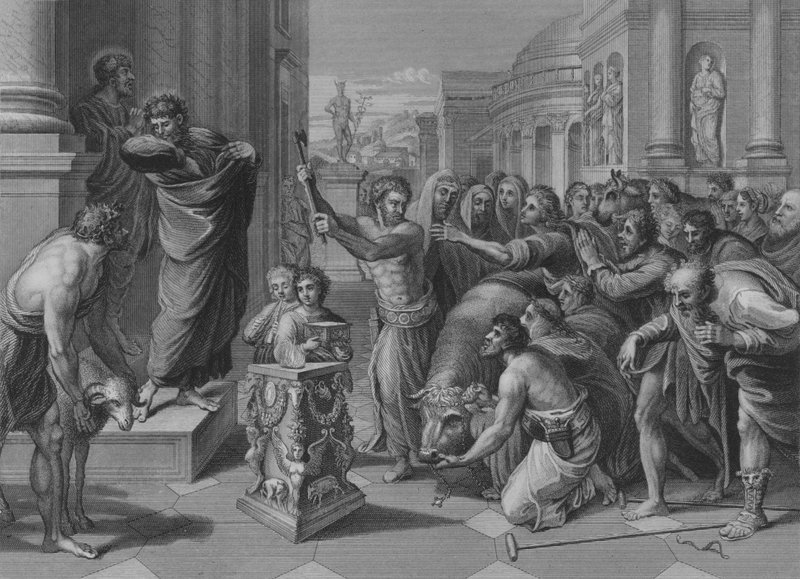 Paavali ja Barnabas Lystrassa, Apostolien teot 14, jakeet 8-19 (kaiverrus) tekijältä after Raphael