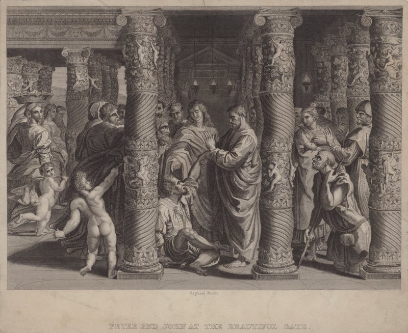 Pietari ja Johannes kauniilla portilla (kaiverrus) tekijältä after Raphael