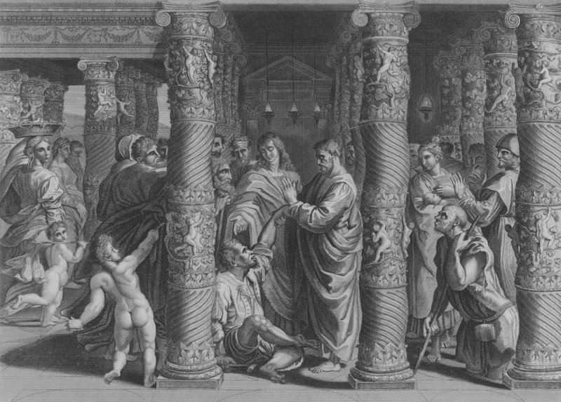 Pietari ja Johannes kauniilla portilla, Apostolien teot 3, jakeet 1-12 (kaiverrus) tekijältä after Raphael