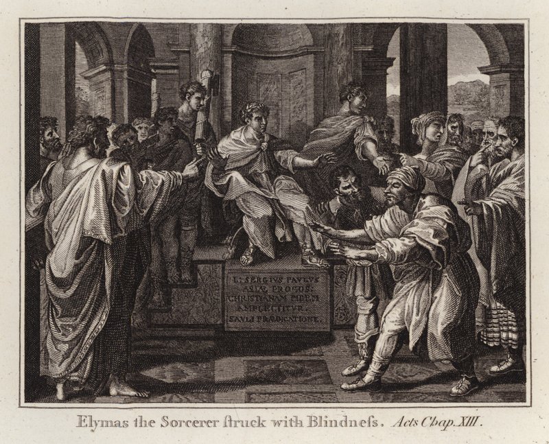 Rafael-sarjakuva: Elymas the Sorcerer Struck with Blindness, Acts, Kappale XIII (kaiverrus) tekijältä after Raphael