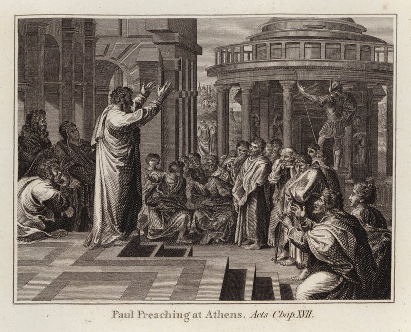 Rafael-sarjakuva: Paavali saarnaa Ateenassa, Apostolien teot, luku XVII (kaiverrus) tekijältä after Raphael
