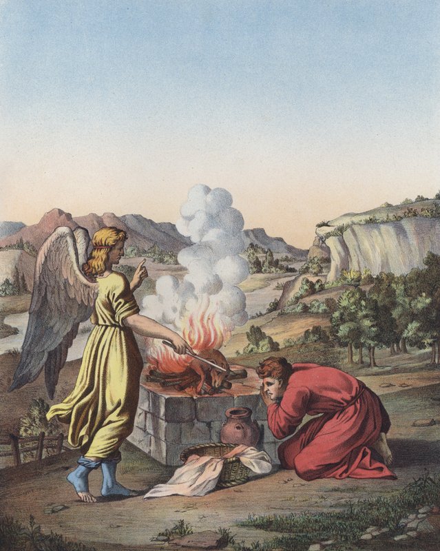 Enkeli ilmestyy Gideonin eteen (väri litho) tekijältä after Raphael